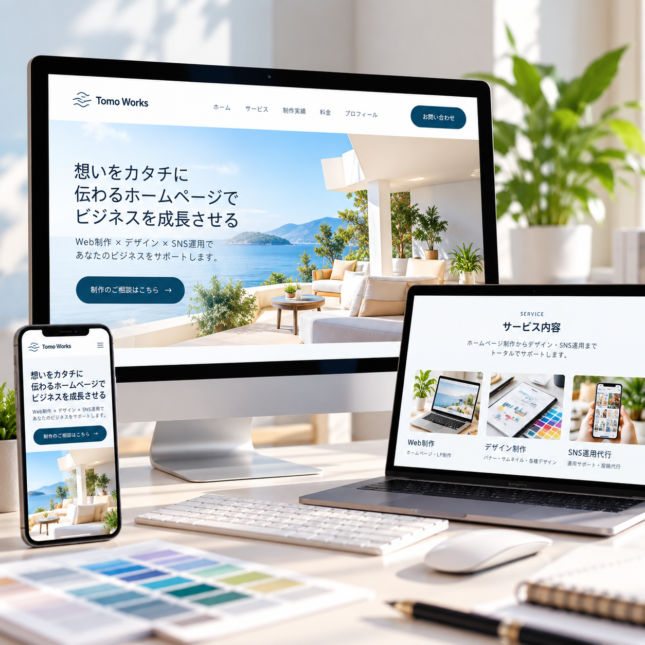 PCとスマートフォンに表示されたWebサイトの制作イメージ