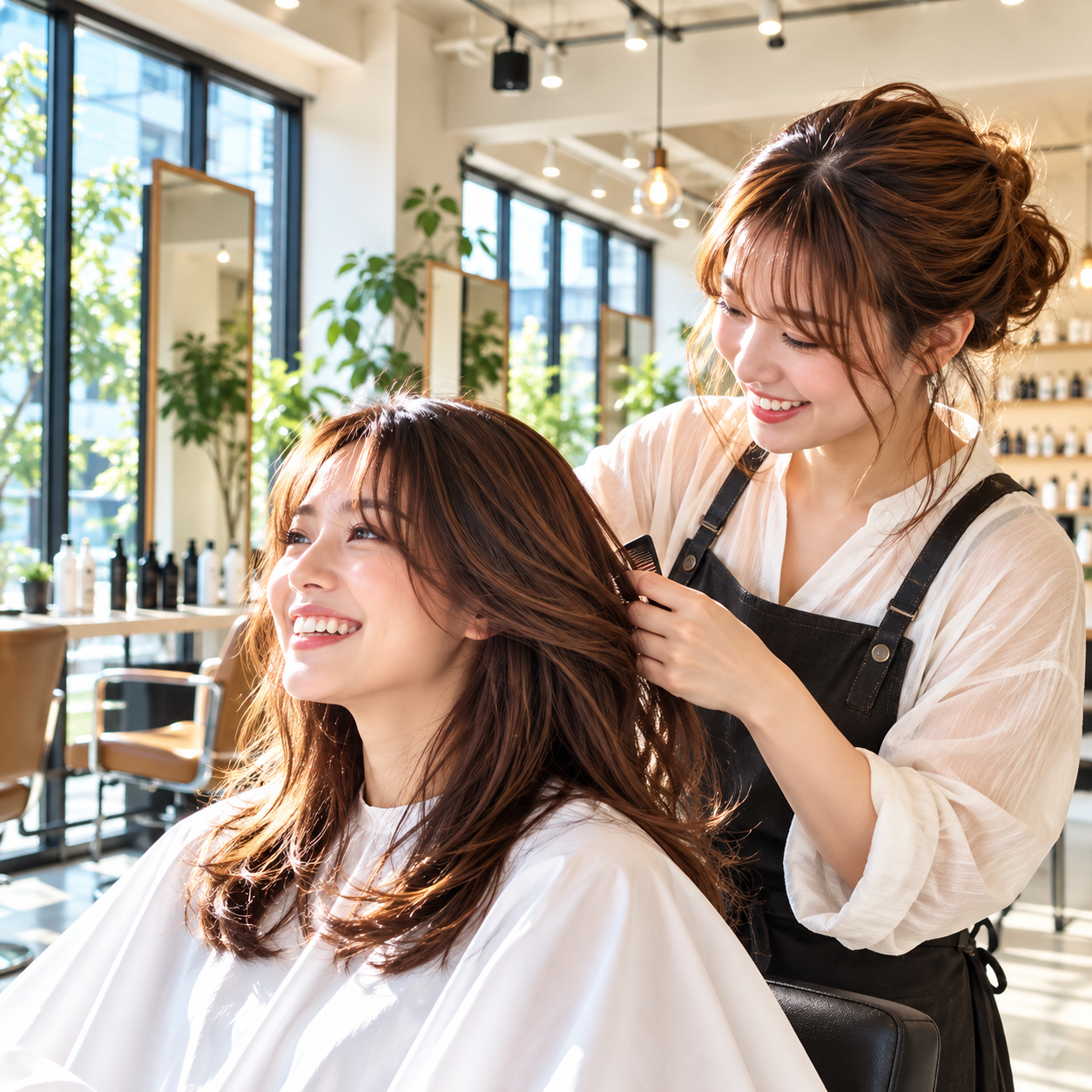 明るい店内で施術するBloom Labのスタイリスト