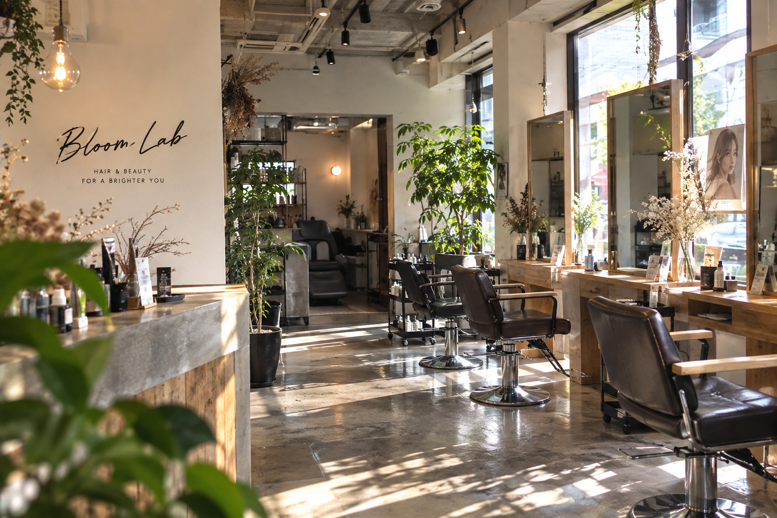 Bloom Labの明るい店内とサロン空間